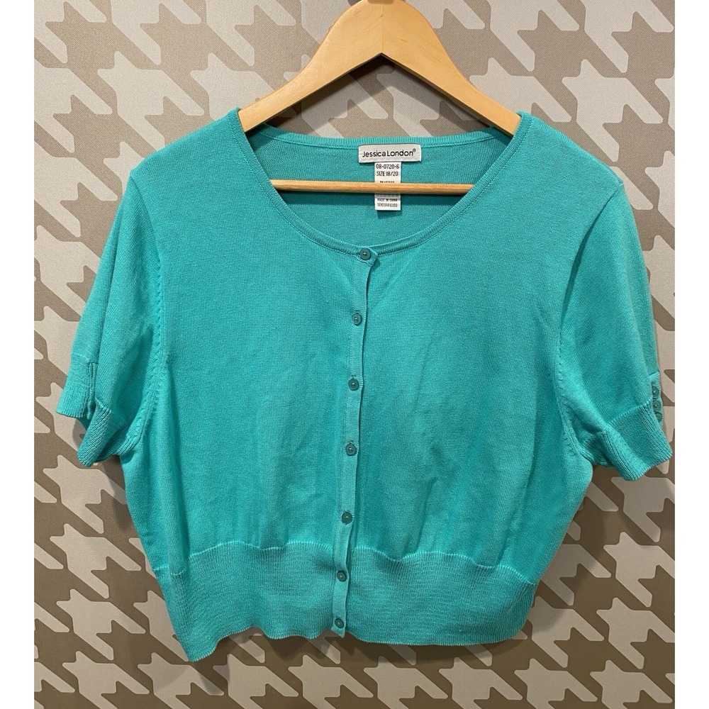Jessica London Womens Turquoise Button 100% Cotton Round Neck Cardigan Sz 18/20